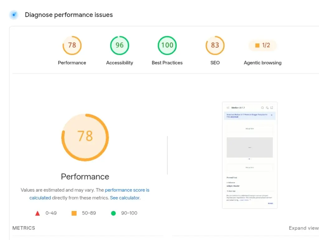 Median UI Blogger Template Mobile PageSpeed Insights Audit Result