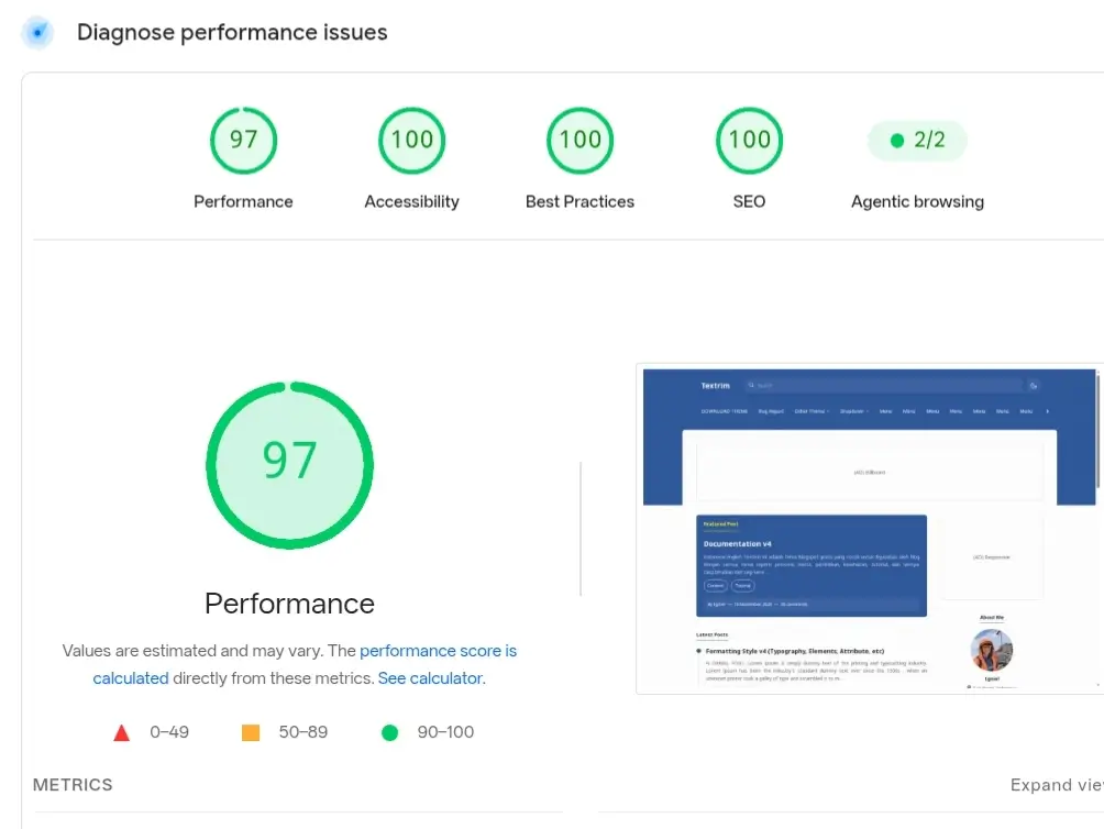 Textrim Blogger Template Desktop PageSpeed Insights Audit Result